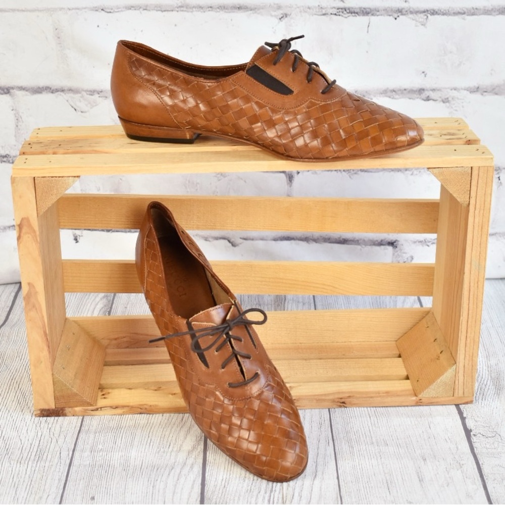 Sesto Meucci Brown Woven Leather Lace-Up Flats